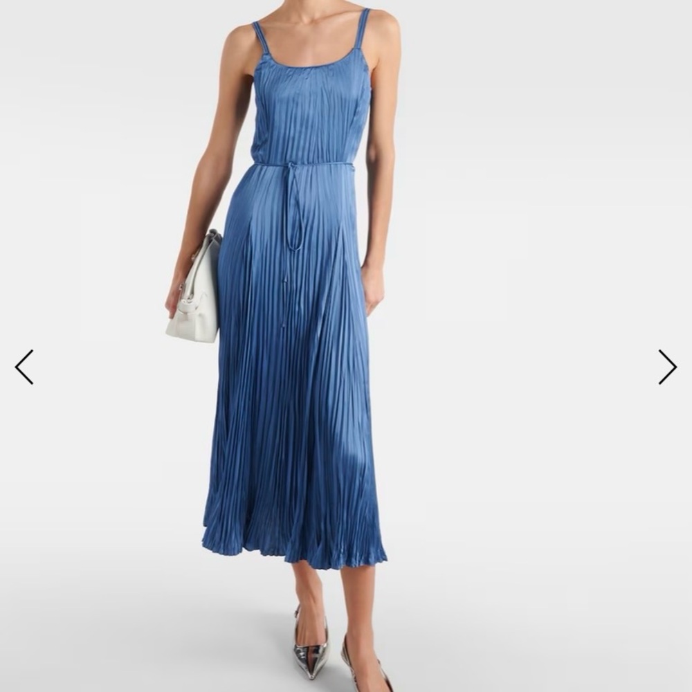 Vince Crushed Satin Pleated Tie-Waist Slip Midi-Dress